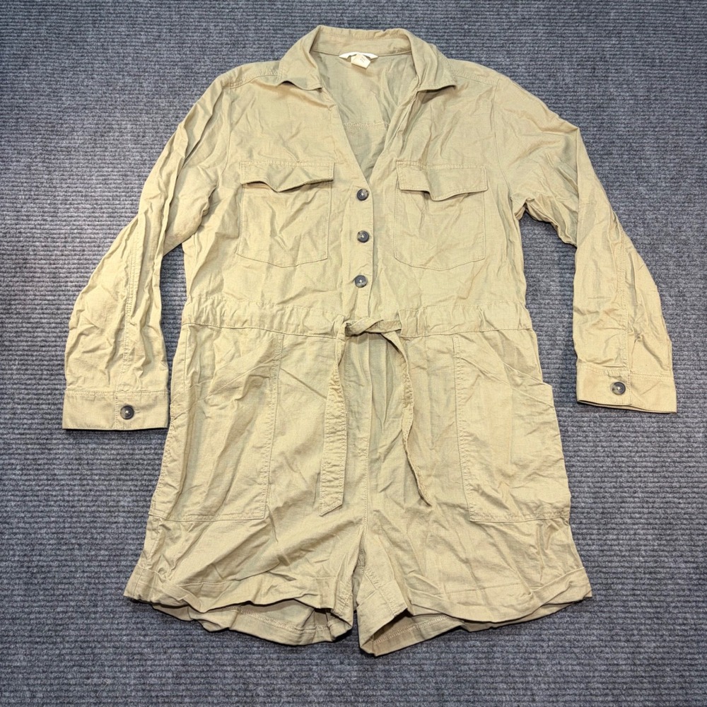 HM Women Khaki Tan Linen Blend Utility Romper Long Sleeve Button Up Size M